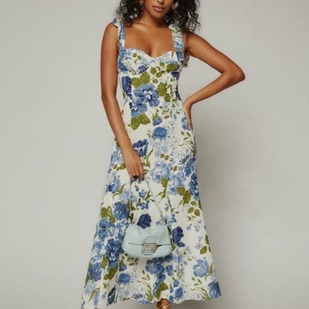 Reformation Blue and White Floral Midi Dress